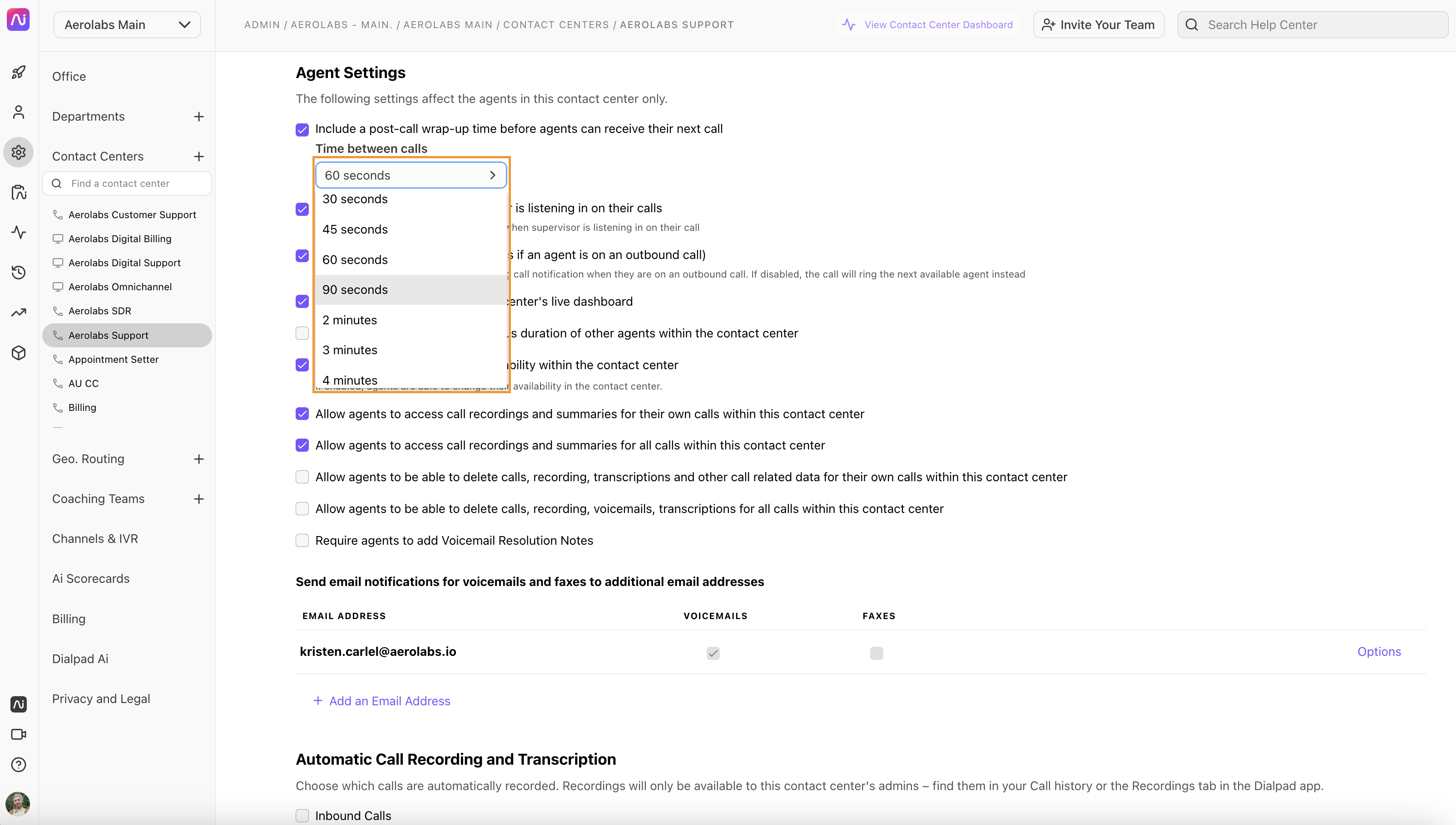 Settings for agent call handling, including time between calls and recording permissions.